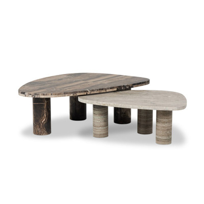 Four Hands Zion Coffee Table Set - Small Antique White Marble + Large Rocky Brown Marble