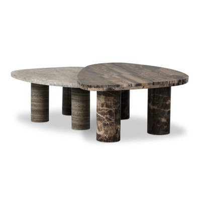 Four Hands Zion Coffee Table Set - Small Antique White Marble + Large Rocky Brown Marble