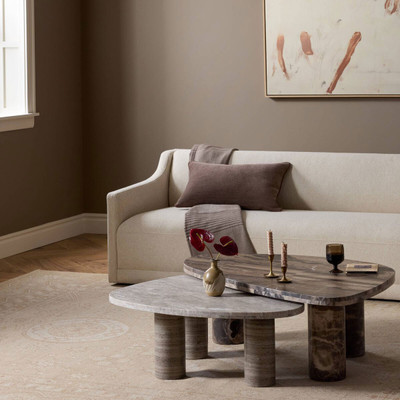 Four Hands Zion Coffee Table Set - Small Antique White Marble + Large Rocky Brown Marble