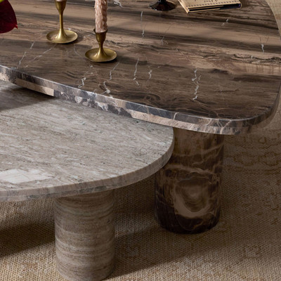Four Hands Zion Coffee Table Set - Small Antique White Marble + Large Rocky Brown Marble