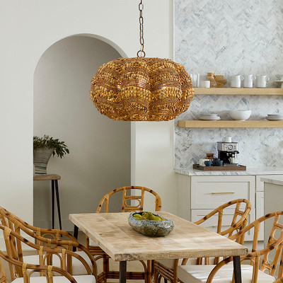 Jamie Young Clamshell Wood Beaded 3-Light Small Chandelier - Natural