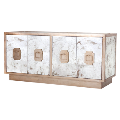 Worlds Away Ponti Antique Mirror 4-Door Entertainment Console With Champagne Silver Leaf Detailing