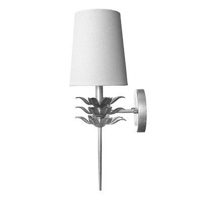 Worlds Away Delilah Silver Leaf One Arm Sconce With 3 Layer Leaf Motif & White Linen Shade