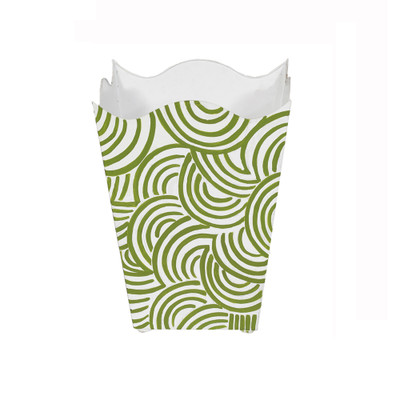 Square Wave Top Wastebasket With Hand Painted Design In Green