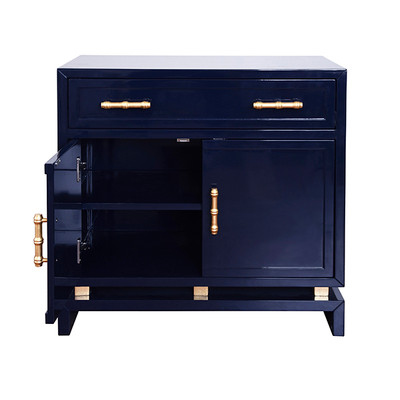 Worlds Away Marcus Navy Lacquer 1 Drawer, 2 Door Cabinet With Gold Leafed Bamboo Hardware And Gold Leafed Metal Detail