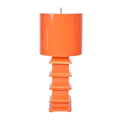 Orange Painted Large Tole Pagoda Lamp With 13" Dia Painted Tole Shade