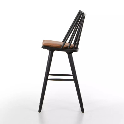 Four Hands Lewis Windsor Bar Stool - Black Oak - Whiskey Saddle