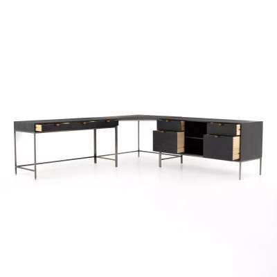 Four Hands Trey Desk System With Filing Credenza - Black Wash Poplar