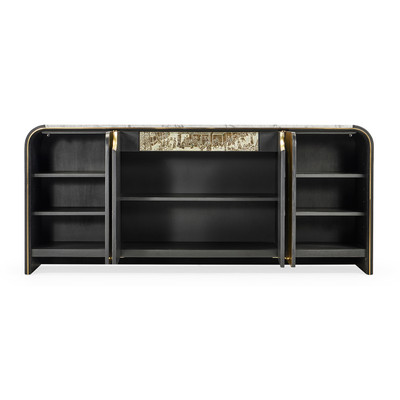 Jonathan Charles Fusion Curved Ebonised Oak & Brass Sideboard With White Calcutta Marble Top