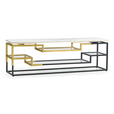 Jonathan Charles Fusion Low Rectangular Multi-Tier Antique Bronze & Brass Console Table With White Calcutta Marble Top