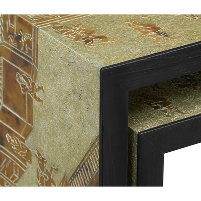 Jonathan Charles Fusion Chinoiserie Style Antique Etched Brass & Ebonised Oak Nesting Tables