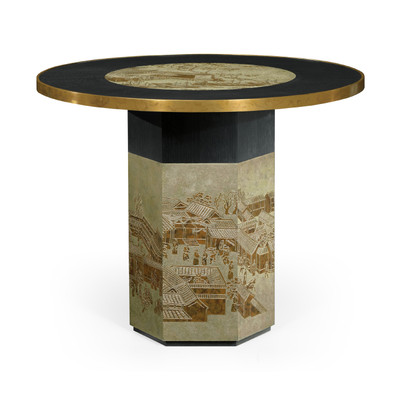 Jonathan Charles Fusion Round Chinoiserie Style Antique Etched Brass & Ebonised Oak Centre Table