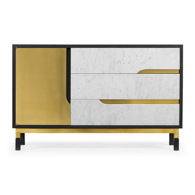 Jonathan Charles Fusion Contemporary Rectangular Ebonised Oak & White Calcutta Marble Wide Storage Cabinet