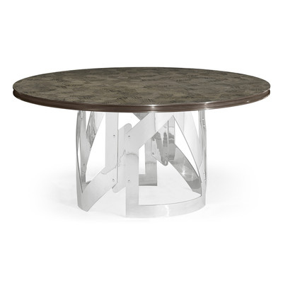 Jonathan Charles Gatsby 60" Contemporary Art Deco Round Grey Natural Eucalyptus & Stainless Steel Dining Table With Random Cut Top