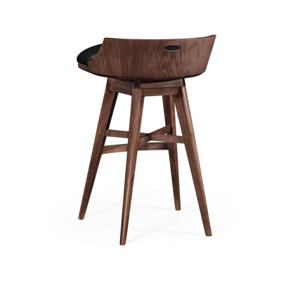 Jonathan Charles Langkawi Natural Walnut Bar Stool, Upholstered In Black Leather