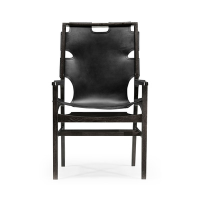 Jonathan Charles Architects House Midcentury Style Slung Black Leather & Black Mocha Oak Dining Armchair