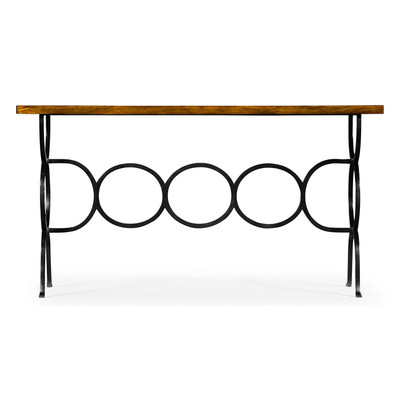 Jonathan Charles Casually Country Country Walnut Console With Circular Wrought Iron Base