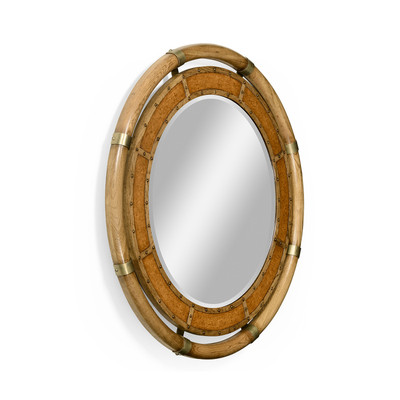 Jonathan Charles Voyager Circular Nautical Style Oak And Leather Mirror
