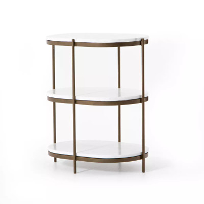Four Hands Felix Oval Nightstand - Polished White Marble - Antique Brass