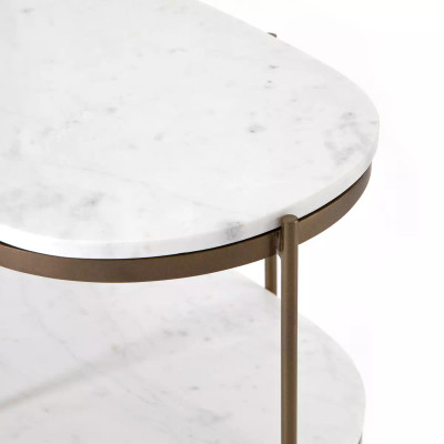 Four Hands Felix Oval Nightstand - Polished White Marble - Antique Brass