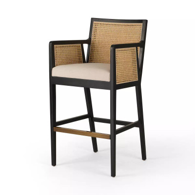 Four Hands Antonia Cane Bar Stool - Brushed Ebony - Savile Flax (Closeout)
