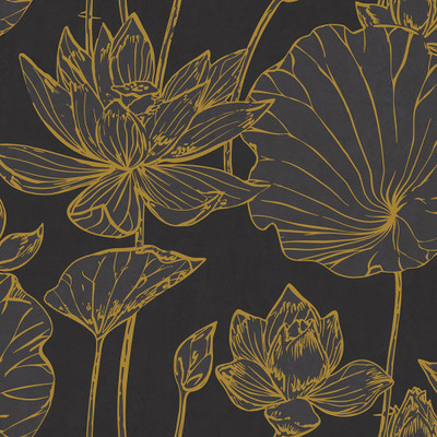 Seabrook Designs Lotus Floral - Metallic Gold and Ebony