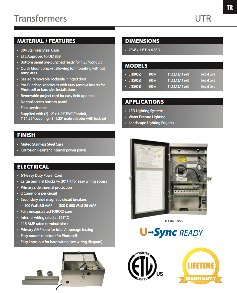 Universal Lighting Systems UTR Transformers 100Wm 300W or 600W