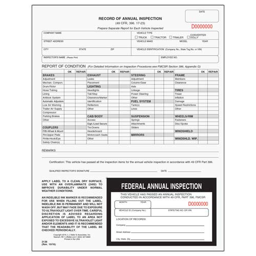 JJ KELLER Inspection Record Carbonless w/Decal 2 Plies