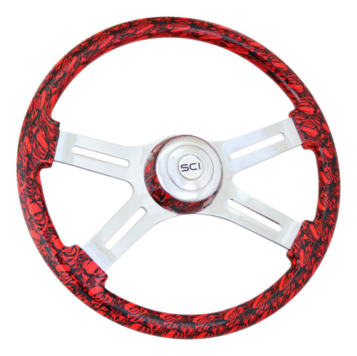 Steering Creations 18" Printed Wood Rim Steering Wheel- Skulls Viper Red