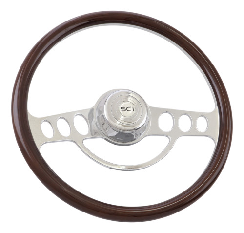 Steering Creations 18" Wood Rim, Half Wrap Billet Chrome Aluminum Steering Wheel- "The Caddy"