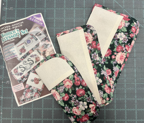 Cross stitch 3 piece women's accessory set black with pink floral design