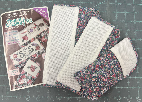 Cross stitch 3 piece women's accessory set blue and pink floral design