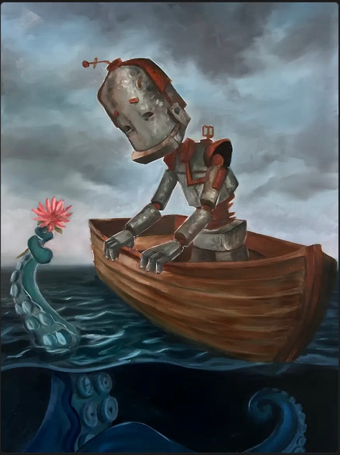 Why robots?!
"A series of oil paintings about sweet n' sad robots who experience the world in a way we take for granted" -Lauren Briere.