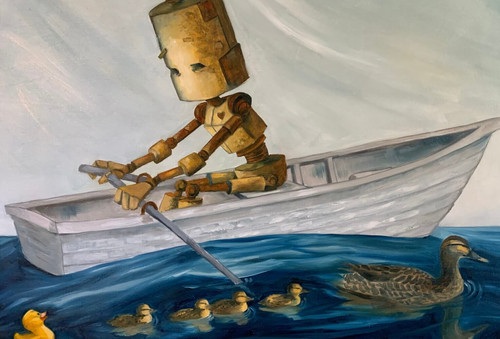 Ducky Bot - Robots in Rowboats by Lauren Briere + Small Print on Wood "Brick"