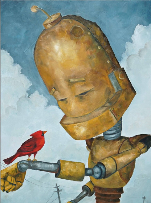 Cardinal Bot - Robots in Rowboats by Lauren Briere + Print on Wood Panel