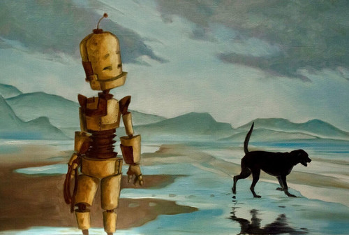 Happy Place Bot - Robots in Rowboats by Lauren Briere + Small Print on Wood "Brick"