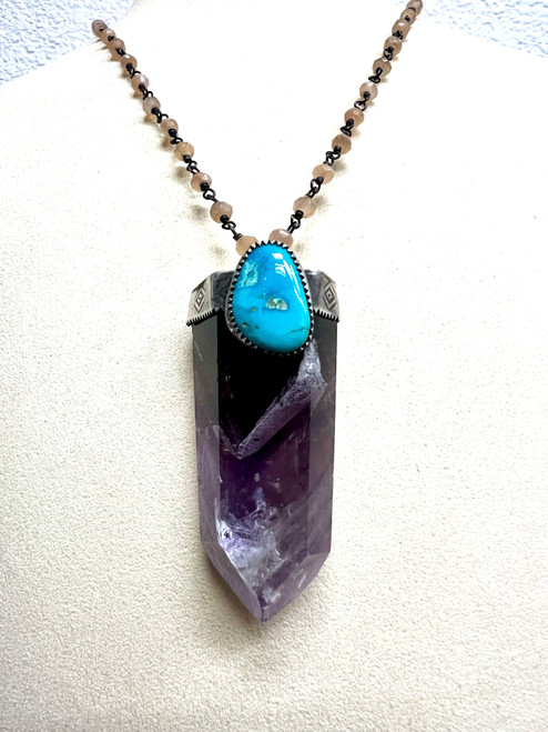 Amethyst Crystal with Kingman Turquoise Necklace on Sunstone Chain by Rebecca Frazier Jewelry