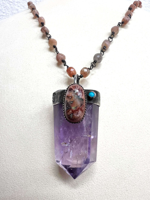 Amethyst with Mexican Fire Opal and Sleeping Beauty Turquoise Pendant on a Sunstone Chain Necklace by Rebecca Frazier