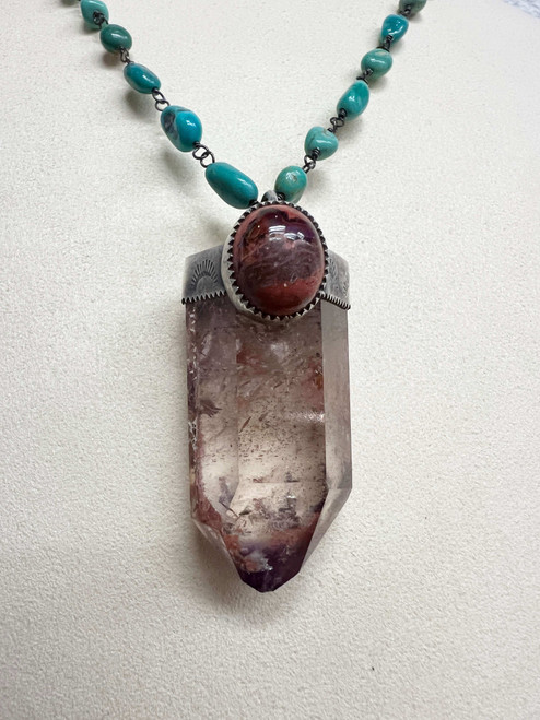 Lemurian Quartz and Mexican Fire Opal Pendant on Kingman Turquoise Chain Necklace by Rebecca Frazier