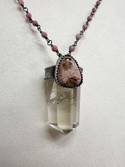 Citrine with Mexican Fire Opal Pendant on Pink Tourmaline Chain Necklace by Rebecca Frazier