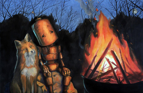 Fox & Fire Bot - Robots in Rowboats by Lauren Briere + Print on Wood Panel