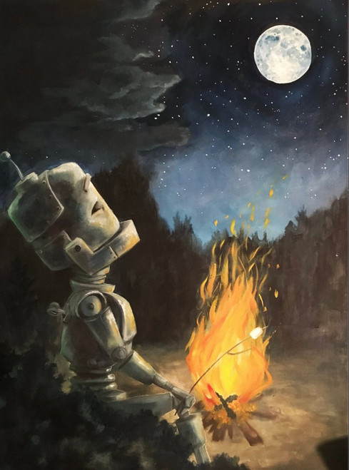 Campfire Bot - Robots in Rowboats by Lauren Briere + Print on Small Wood Panel