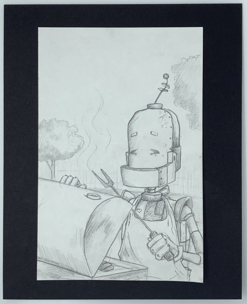 BBQ Bot Sketch - Original Art - Robots in Rowboats by Lauren Briere