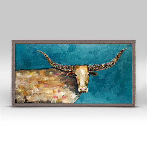 A trendy and contemporary longhorn with embellished geode horns stands out on this animal art by Eli Halpin. Miniature versions of our signature canvas wall art are each framed with a rustic wood finish.