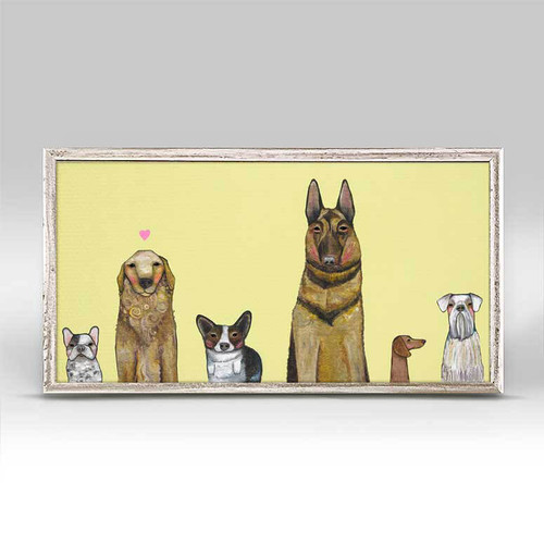 Dogs Dogs Dogs on Yellow Mini Framed Canvas Print by Eli Halpin