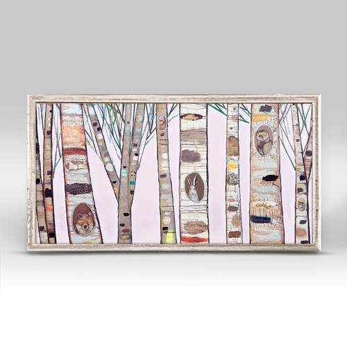 Birch Trees and Friends on Pink Mini Framed Canvas Print by Eli Halpin