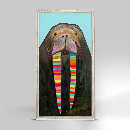 Funky and fun- life's a party at the beach with this wise guy. Eli Halpin's unique playfulness with the animal kingdom is celebrated in colorful style with our walrus mini canvas finished with a rustic white frame.