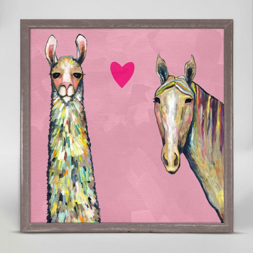 Llama Loves Horse on Pink Mini Framed Canvas Print in Blue by Eli Halpin