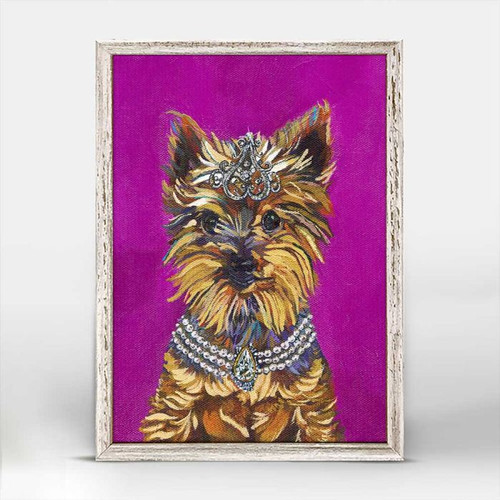 Princess of Yorkies Mini Framed Canvas Print by Stationery Bakery, This crowned royal pup, by the Stationery Bakery, is looking very regal in front of this lush magenta background.