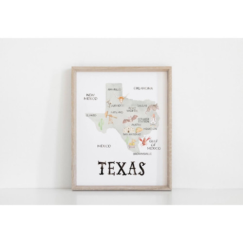 This hand illustrated and hand lettered watercolor Texas map shows off Texas pride.